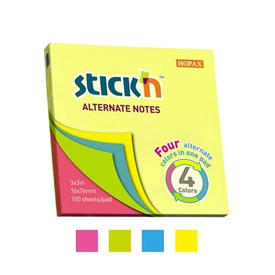 Öntapadó jegyzettömb STICK`N 76x76mm neon mix 100 lap